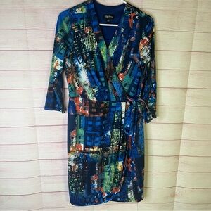 Oleg Cassini Multicolored Jersey Knit Faux‎ Wrap Dress Size 10